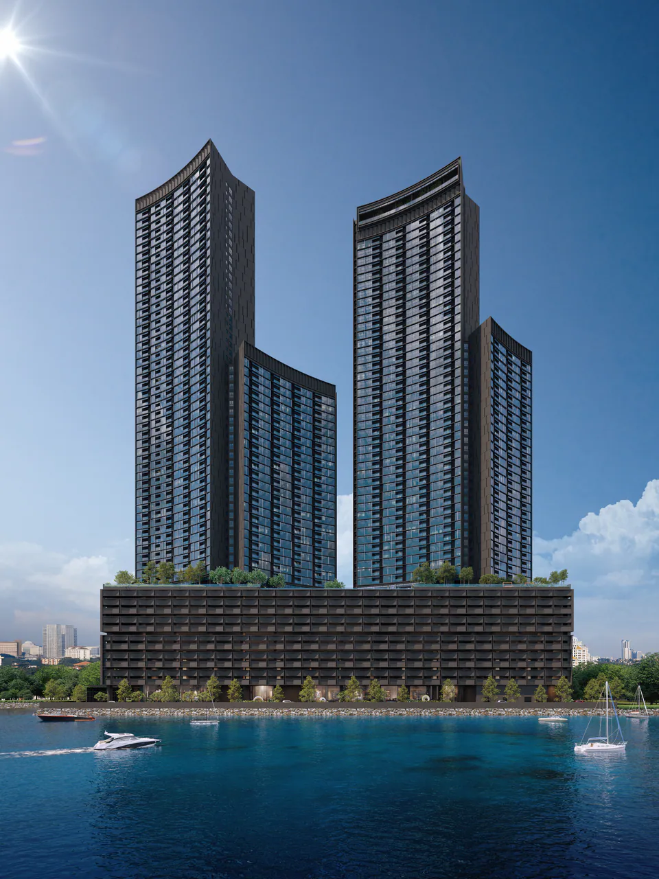 The Eclipse by day from the water: two dark towers, each with a taller and a lower wing, their four curved crowns at 58, 36, 54 and 39 levels above a long podium (CGI)