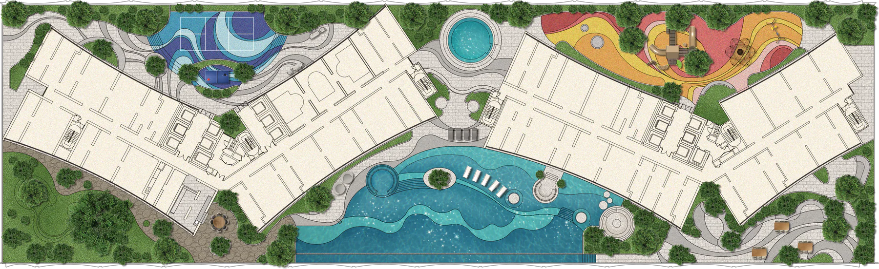 Illustrated plan of the Level 11 deck: between the V-shaped wings of Tower A on the left and Tower B on the right, pools and water on the straits side, with gardens, courts and a children’s playground behind (illustration from the developer’s brochure)