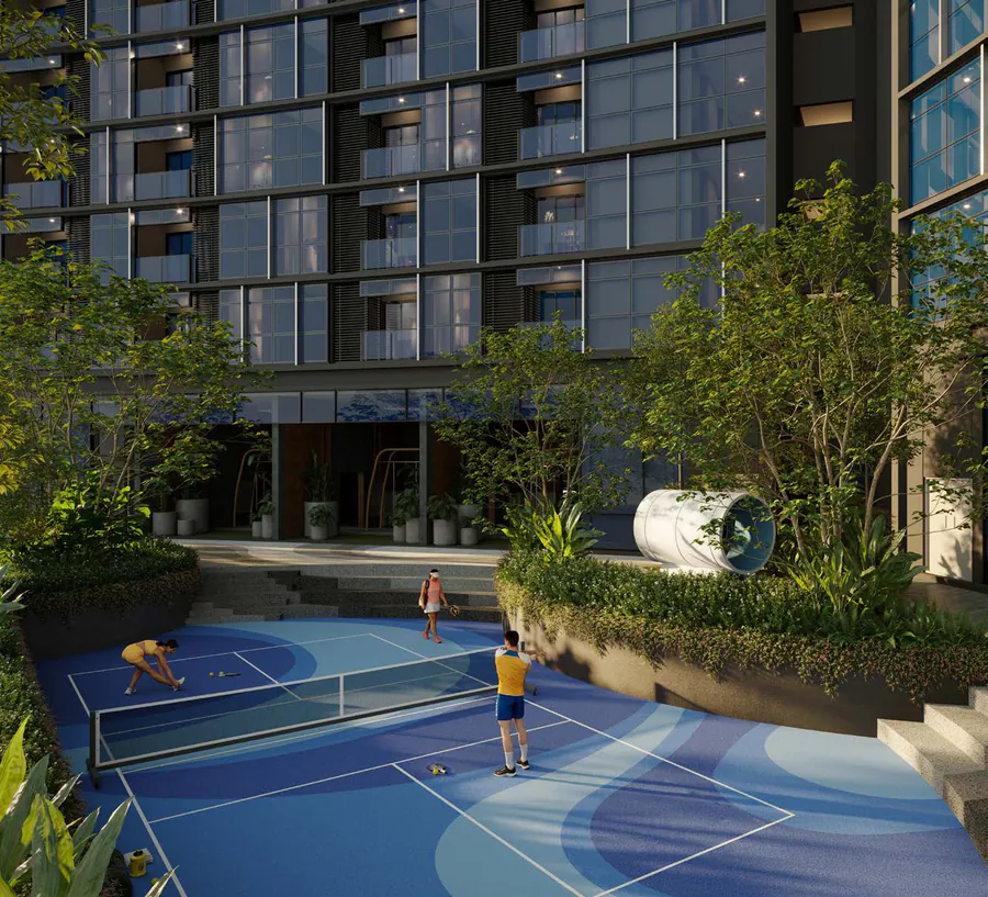 The pickleball court: a blue rippled surface and net, with planting and the ping-pong tunnel alongside (CGI)