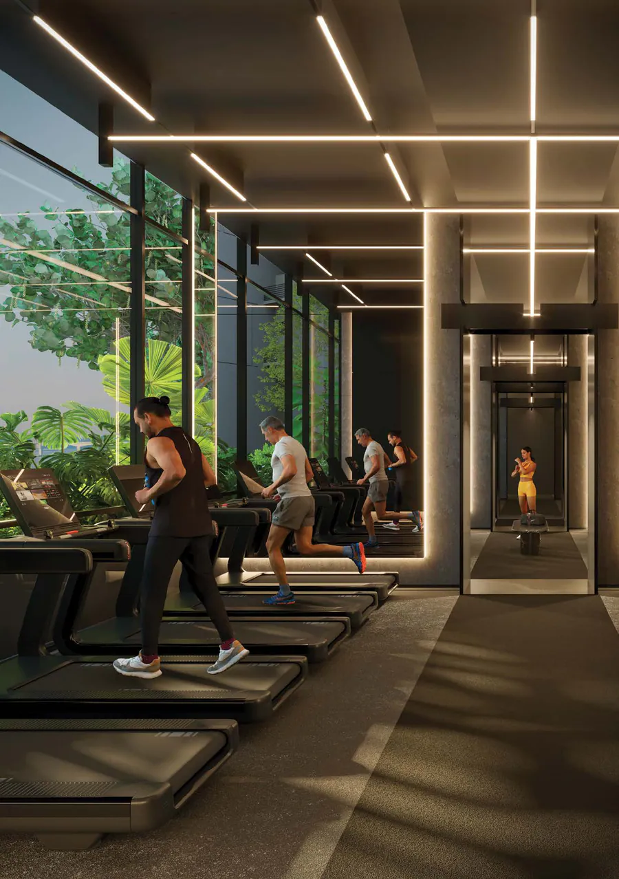 Lunafit Gym: a row of treadmills facing full-height glass, with linear light strips on the ceiling (CGI)