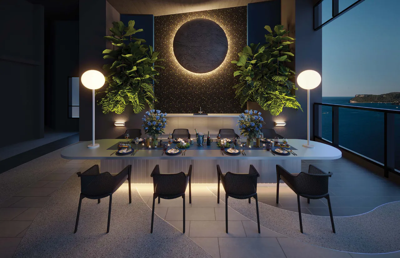 The Sky Deck on Level 57: a long dining table and chairs beneath a round backlit installation, floor lamps and planting either side, and water beyond the glass balustrade on the right (CGI; the outlook shown is indicative only)