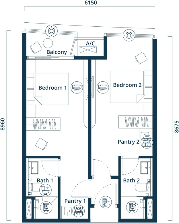Type A2 floor plan, drawn in light, at the same scale as the other eight layouts