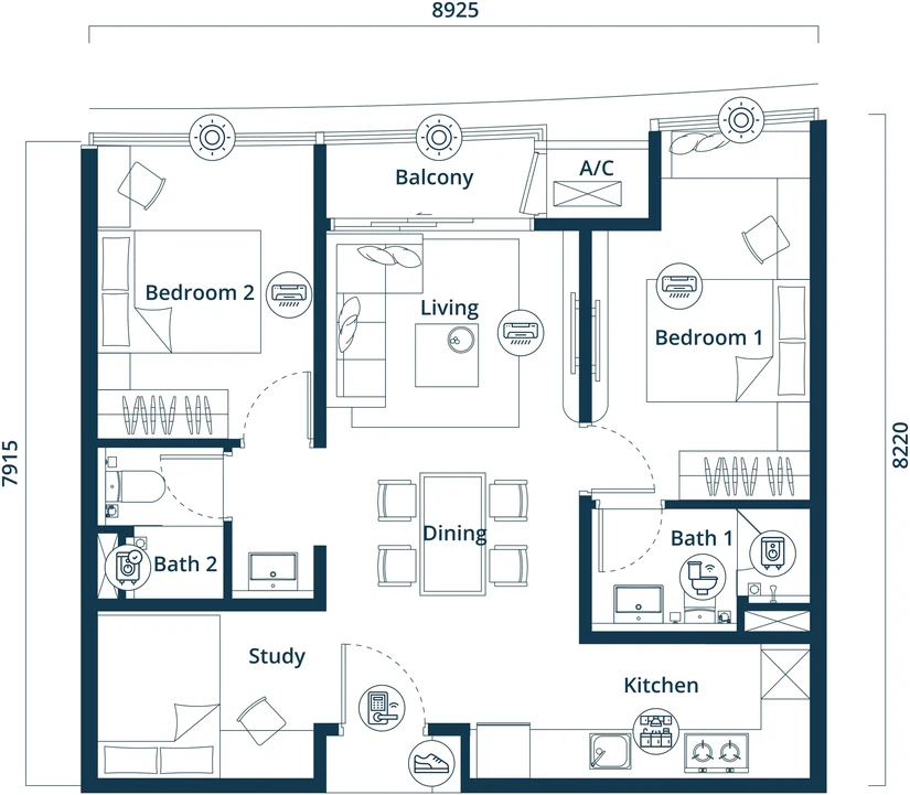 Type B2 floor plan, drawn in light, at the same scale as the other eight layouts