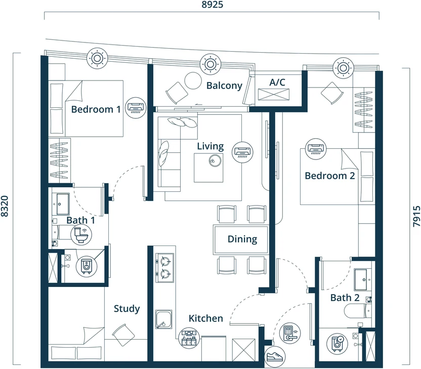 Type B3 floor plan, drawn in light, at the same scale as the other eight layouts