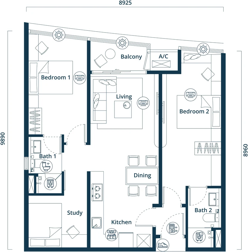 Type B4 floor plan, drawn in light, at the same scale as the other eight layouts