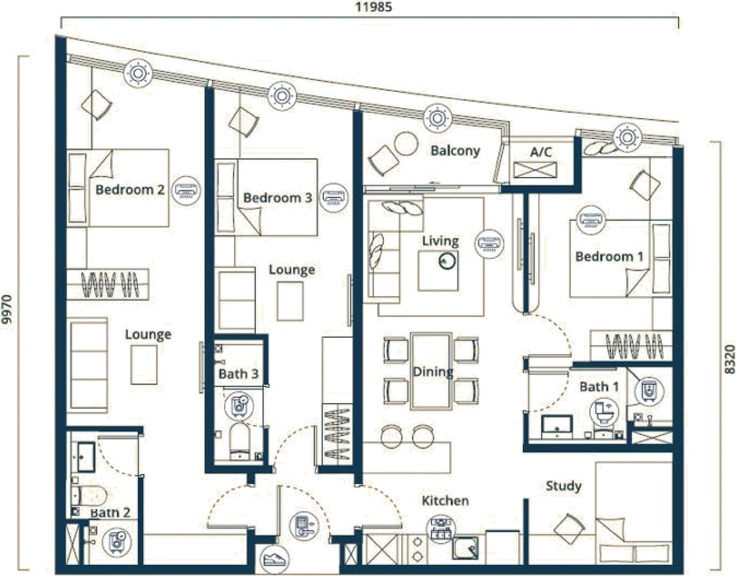 Type C1 floor plan, drawn in light, at the same scale as the other eight layouts