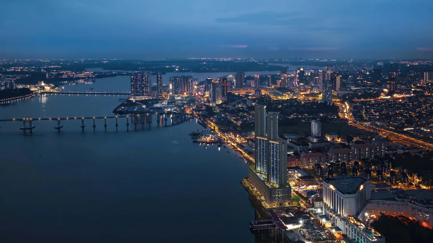 Cover of the Field Guide: the Straits of Johor and The Eclipse at night (photomontage; the proposed towers are CGI)