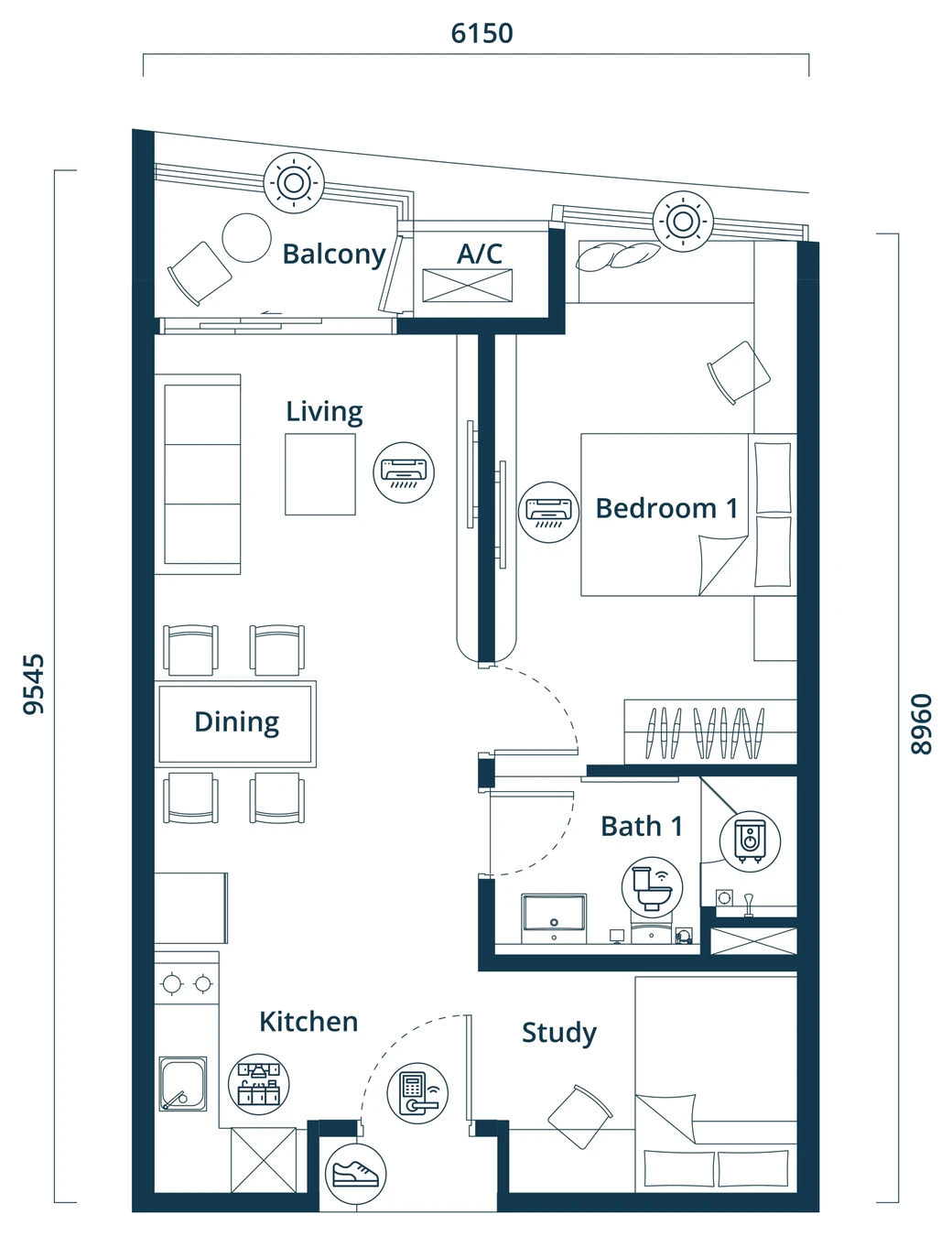 Type A1 floor plan: Balcony, Living, Dining, Bedroom 1, Bath 1, Kitchen, Study (developer’s drawing, dimensions in millimetres)