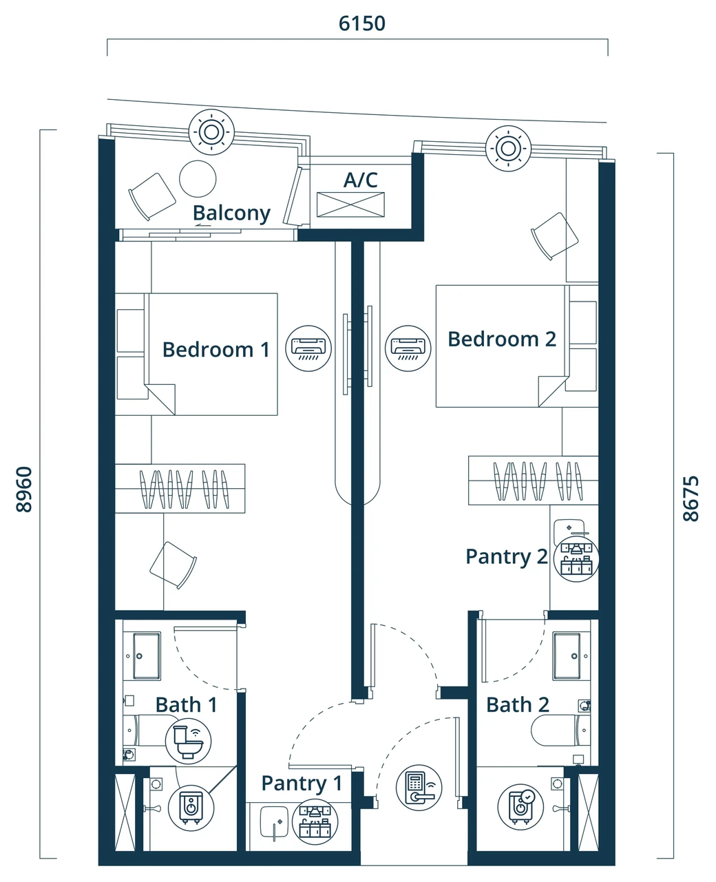 Type A2 floor plan: Balcony, Bedroom 1, Bedroom 2, Bath 1, Bath 2, Pantry 1, Pantry 2, A/C ledge (developer’s drawing, dimensions in millimetres)