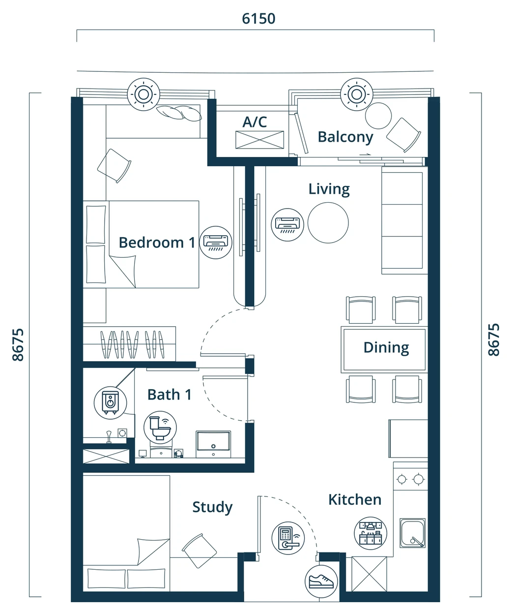 Type A3 floor plan: Balcony, Living, Dining, Bedroom 1, Bath 1, Kitchen, Study (developer’s drawing, dimensions in millimetres)