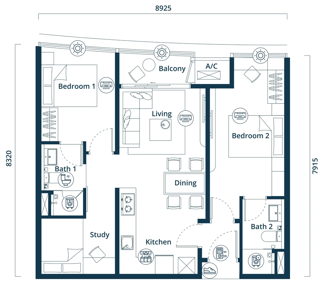 Type B3 floor plan: Balcony, Living, Dining, Bedroom 1, Bedroom 2, Bath 1, Bath 2, Kitchen, Study (developer’s drawing, dimensions in millimetres)