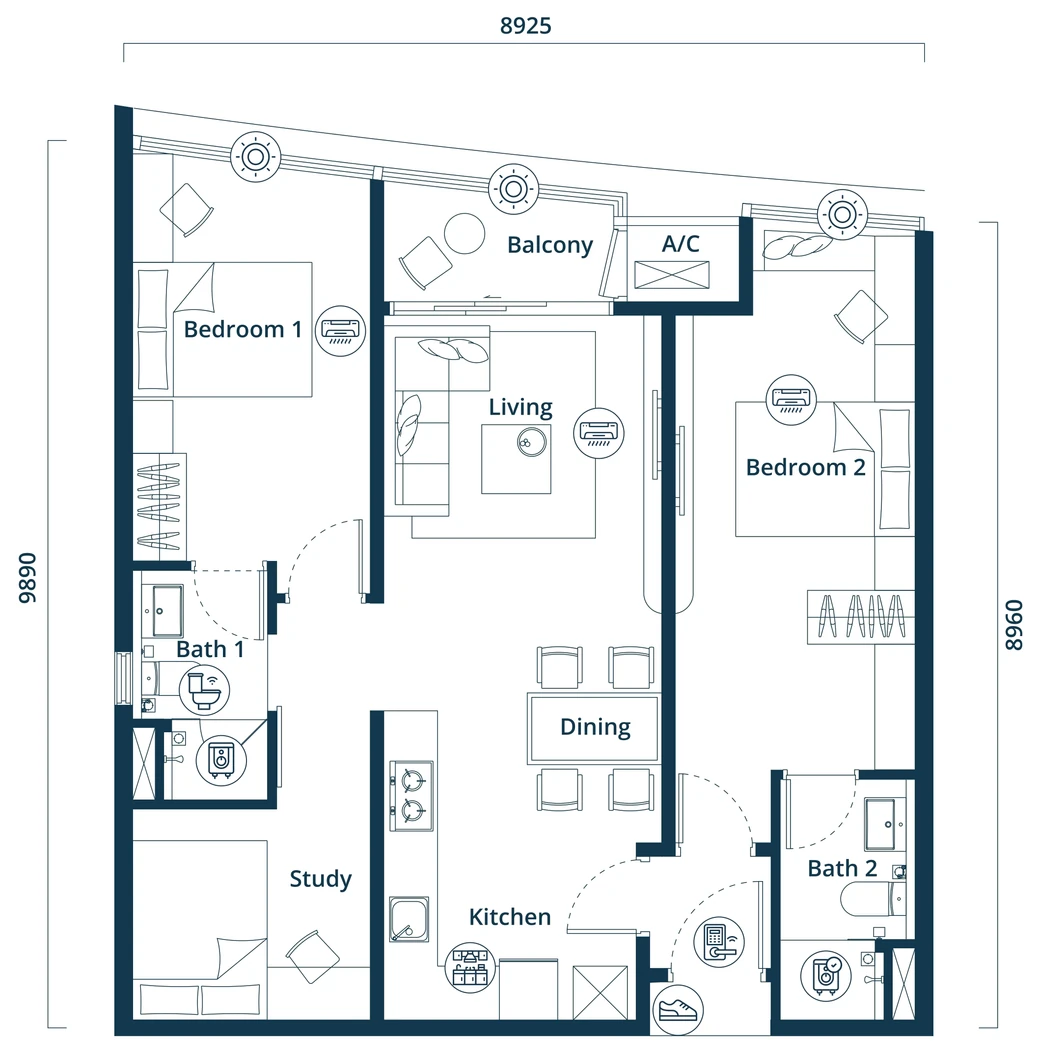Type B4 floor plan: Balcony, Living, Dining, Bedroom 1, Bedroom 2, Bath 1, Bath 2, Kitchen, Study (developer’s drawing, dimensions in millimetres)