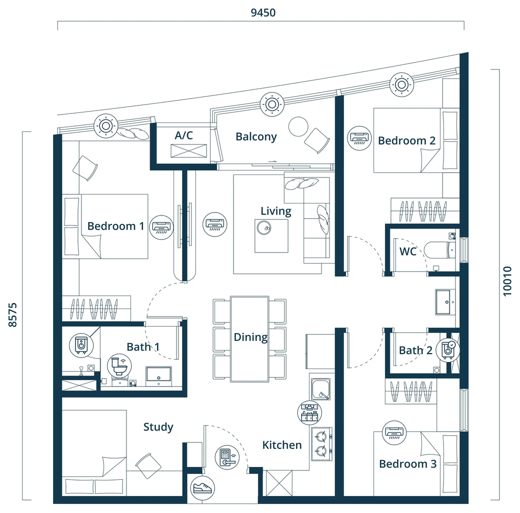 Type C floor plan: Balcony, Living, Dining, Bedroom 1, Bedroom 2, Bedroom 3, Bath 1, Bath 2, Separate WC, Kitchen, Study (developer’s drawing, dimensions in millimetres)
