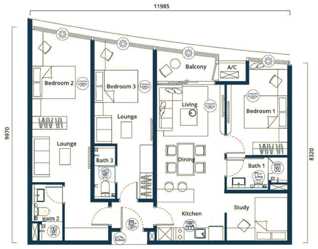 Type C1 floor plan: Balcony, Living, Dining, Bedroom 1, Bedroom 2, Bedroom 3, Lounges (two), Bath 1, Bath 2, Bath 3, Kitchen, Study (developer’s drawing, dimensions in millimetres)